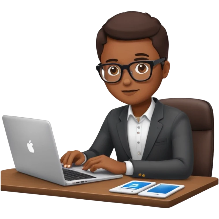 person at a desk with laptop, reviewing social media analytics, emoji style emoji