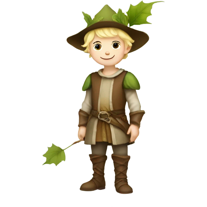 whimsical fairytale medieval pale boy who is tiny and wearing a leaf hat and big boots emoji
