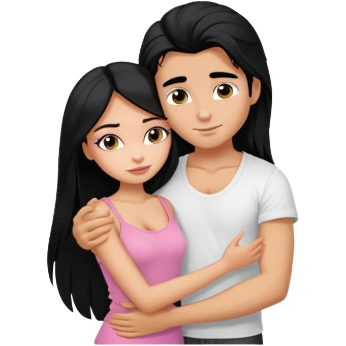 generate a pretty tan bratz boy wearing a white tshirt. Hugging a fair girl with long black hair, eyeliner, wearing a pink cami.  emoji