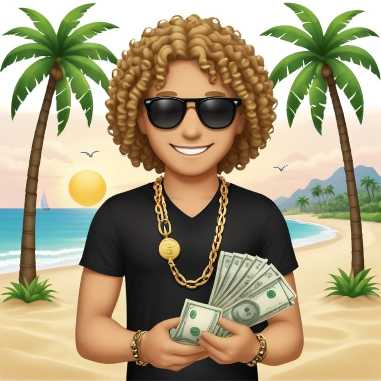 Smiling person with curly hair in black shirt and chain necklace, holding money bundles, black sunglasses, tropical beach scene with palm trees emoji