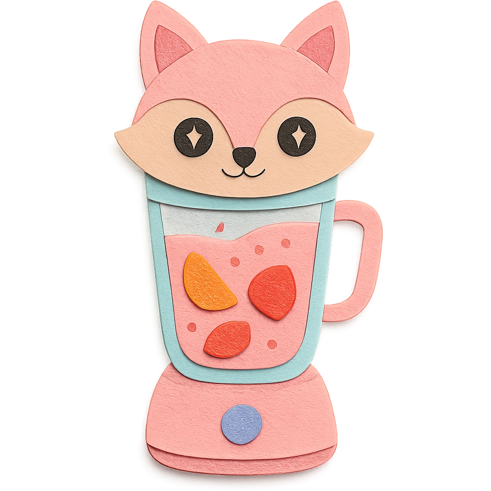 full-body pastel pink fox blender with transparent body showing fruity smoothie inside, sparkling eyes, paper craft style emoji