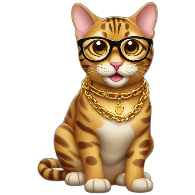 a Bengal cat wearing glasses with a golden chain around its neck, smiling emoji