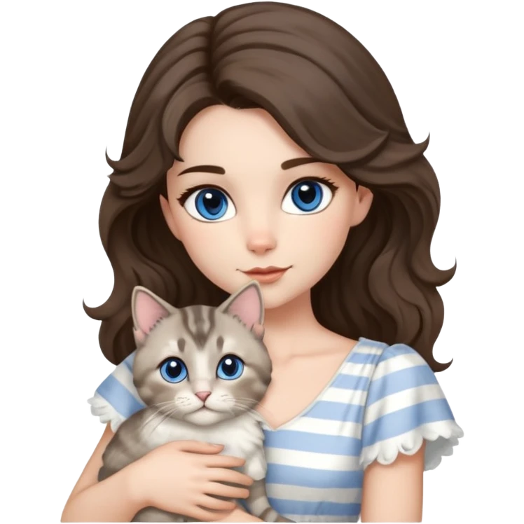 A brown-eyed brunette with wavy styled hair and light eyelash makeup wears a soft white dress and holds a gray tabby cat—a mix of straight-eared Scottish and Siamese, with blue eyes, white fur around the mouth, nose, and belly, and light gray fur with darker stripes. emoji