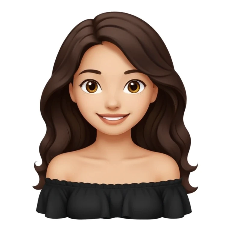 modern emoji of a young woman with medium skin tone, long wavy dark brown hair, wearing a black off-shoulder top, soft friendly smile, expressive eyes, clean warm charming style, relaxed confidence, light neutral color background emoji
