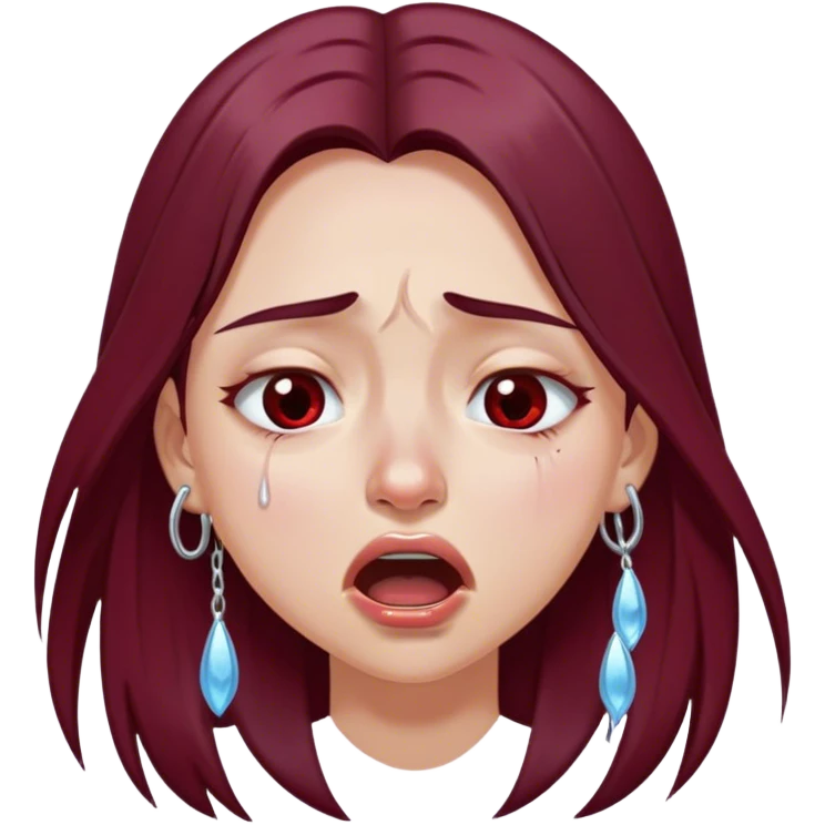 emoji of girl crying hysterically with tears dripping down eyes with mouth closed with maroon dark long hair in a middle part with straight nose hazel eyes medium perfect eye brows with  a nose ring silver on the right nostril  emoji