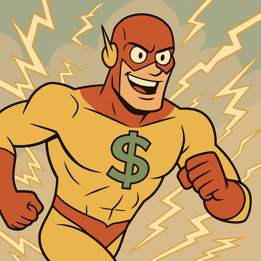 speedster superhero with lightning effects, suit with large dollar sign, modern cartoon style emoji