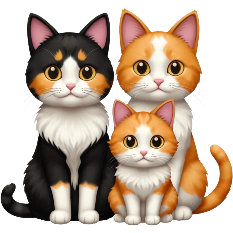 Three cats, one black and two calico emoji