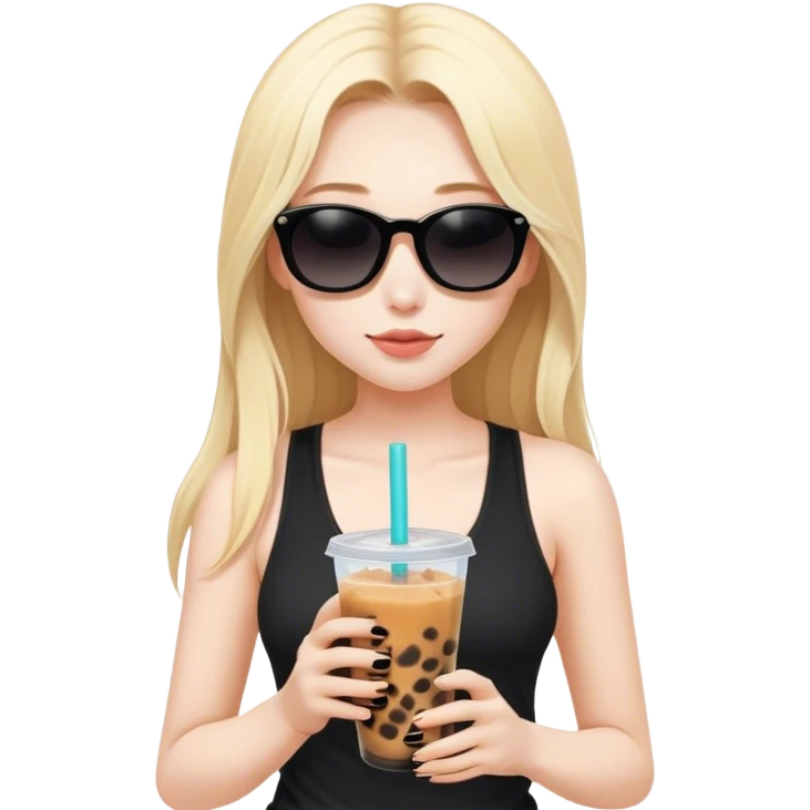 Blonde girl with pale skin and long hair and black sunglasses in black tank top with boba tea emoji