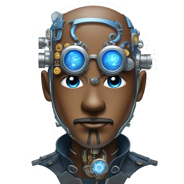 Brown shaved male cyborg head with blue beard, silver steampunk monocle goggles and circuits emoji