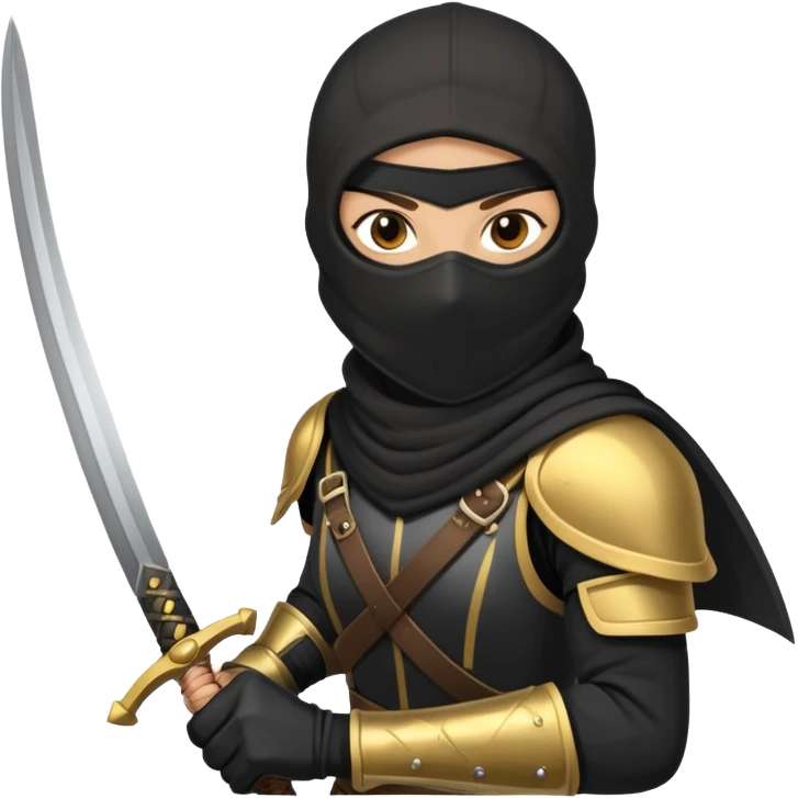 Brunette sword fighting assassin with a balaclava and black and gold armour emoji