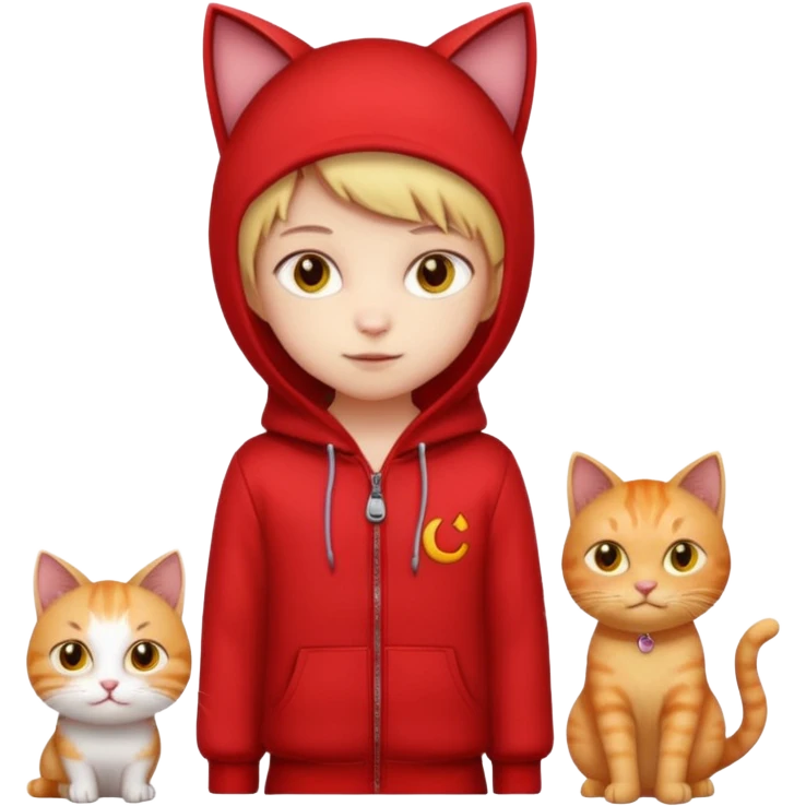 There is a kid wearing all red. Next to him there is a cat that has a red cat outfit and the cat has yellow eyes emoji