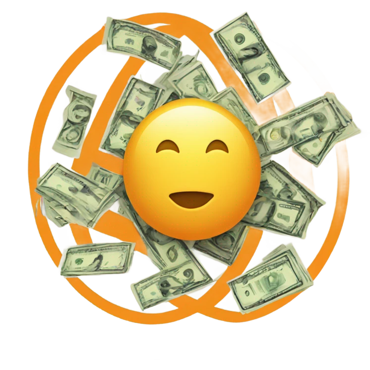 Free or no money represented by image of cash with yellow or orange circle with diagonal line crossing from top left to bottom right of circle overlayed on top and over image of cash emoji