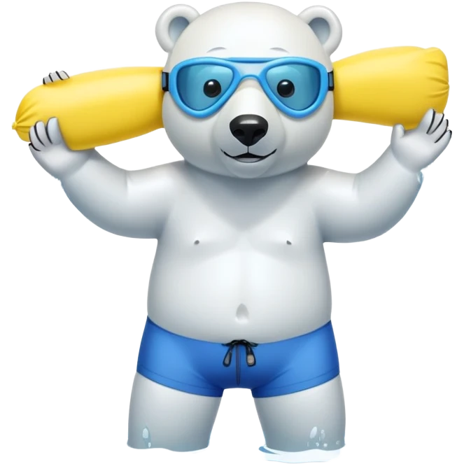 friendly anthropomorphised polar bear standing in a small puddle, wearing baggy board shorts, inflatable swimming armbands, scuba mask over eyes emoji