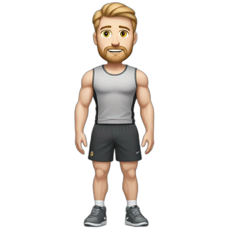 Full height Pale skinned muscular man With Realistic eyes and mouth, light brown hair and stubble In dark gray sleeveless mike, black oversize sports shorts, watch and white sneakers. emoji
