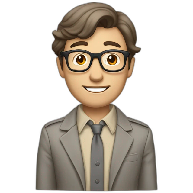 Crickering Pale skinned Fit Man With dark brown hair in gray jacket, beige office shirt, Brown pants and vintage glasses In the joke cap emoji