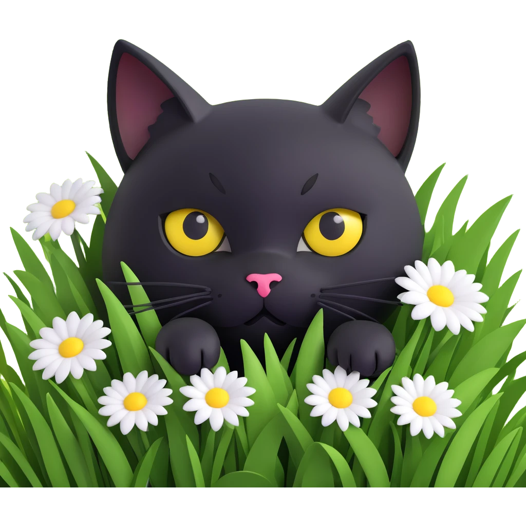 cute black cat with big yellow eyes, peeking from lush green grass, white flower on head, lots of 3D detail, soft lighting, 3D iOS 18 style emoji