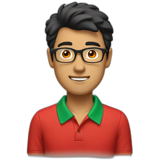 Man with black hair and glasses wearing red polo shirt with green color collar of the shirt emoji