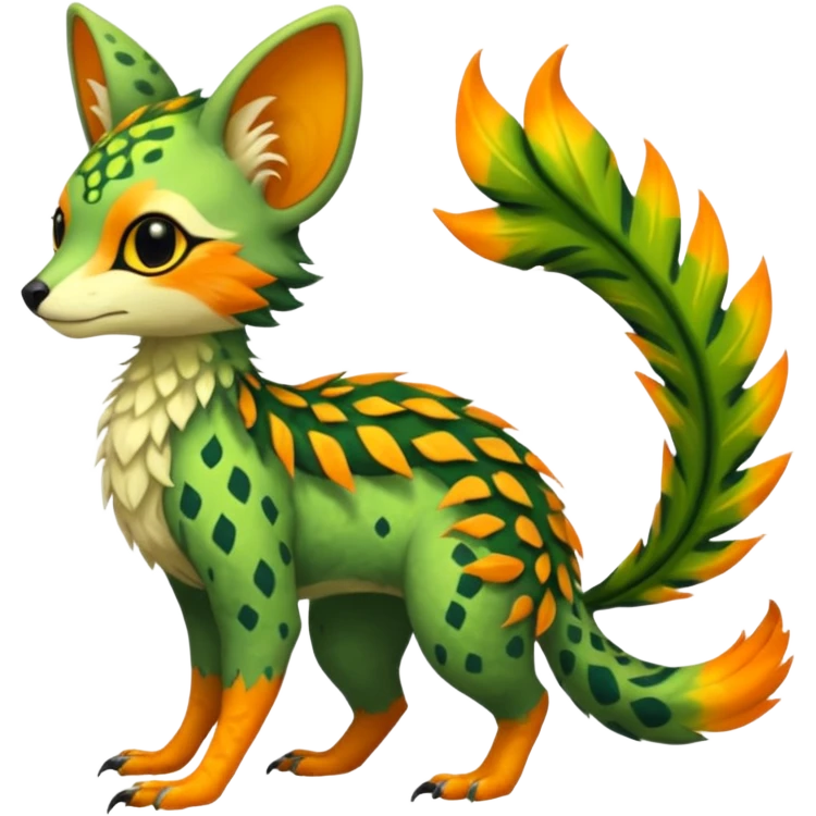 Feral Rare Fantasy vibrant tropical Vernid-Trico-species-creature by LiLaiRa, random markings, tufted tail, tufted ears, full body emoji