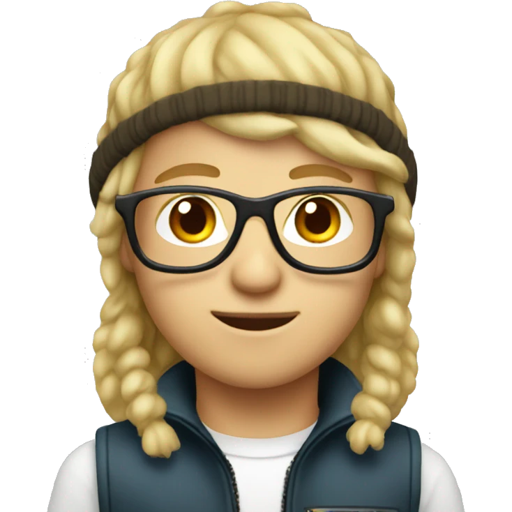 blonde boy with brown mullet, pilot glasses and beanie emoji