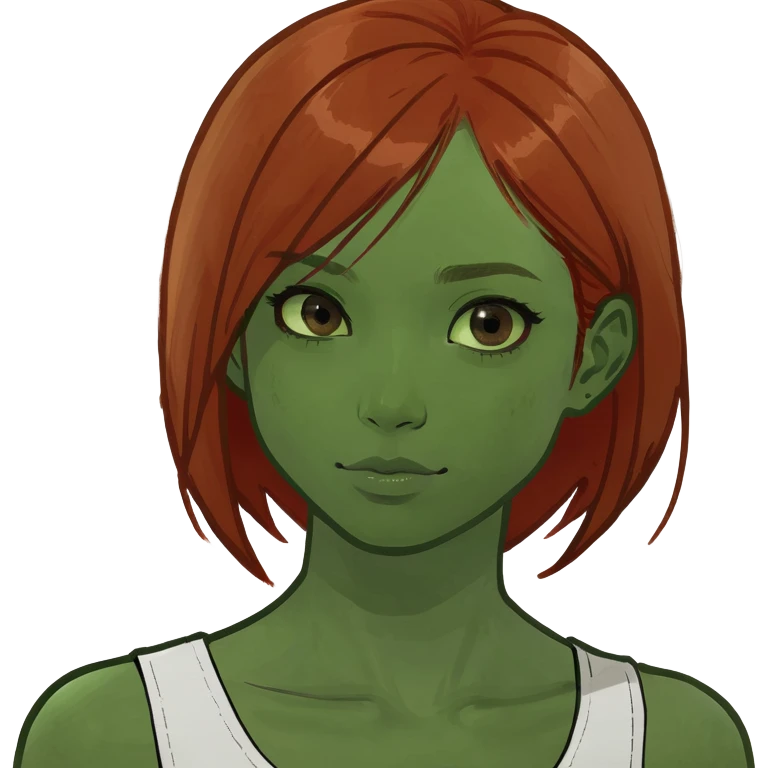 Light brown girl, straight red hair, brown eyes, white sleeveless top emoji