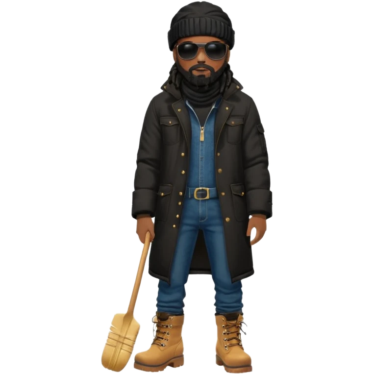 African American man with shoulder length black dreadlocks with black beard wearing black sunglasses wearing a black bubble winter coat wearing denim skinny jeans wearing wheat timberland boots with ski mask on emoji