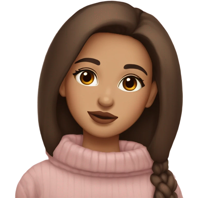 Albania girl,model light skin, long eye lashes, pink beige volume lips, brown eyes, long chocolate brown straight hair, cozy pullover emoji