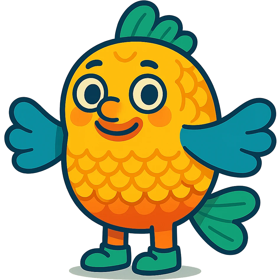 whimsical cute animal with fins for hands, fish scales, tiny shoes, bright colorful cartoon style, detailed emoji