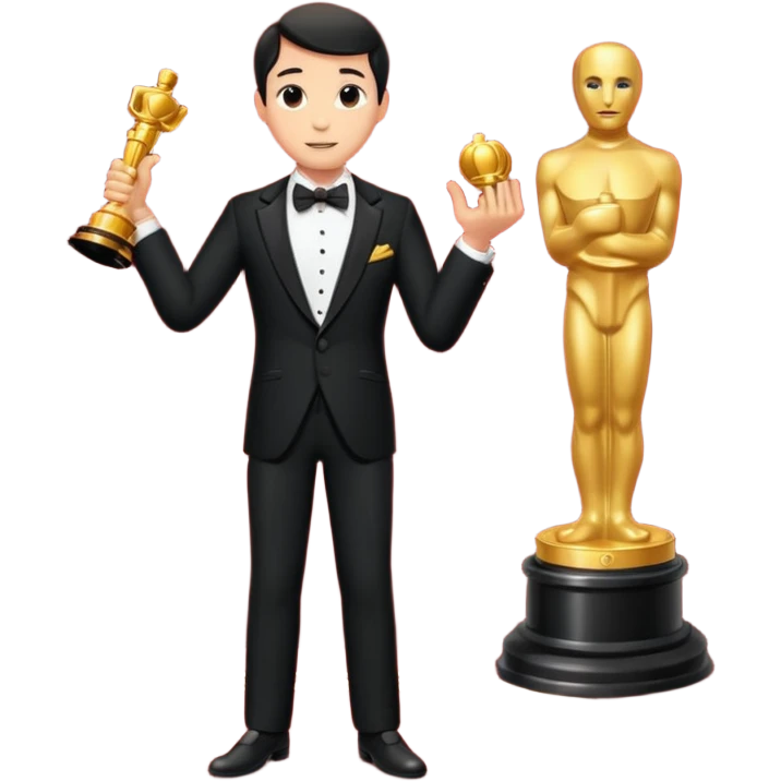 an actor standing on a red carpet with a formal tuxedo, with an oscar in his hand emoji