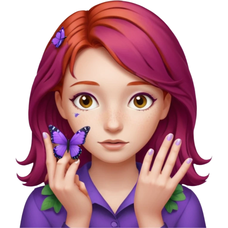 red haired girl finger holding purple butterfly - but her hands down emoji