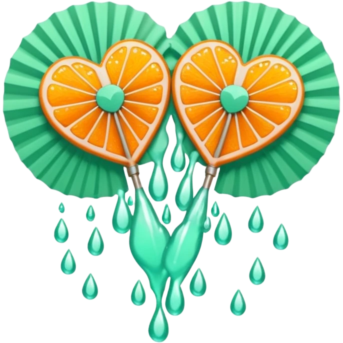 orange glittery heart, chopped  in pieces  with mint green water dripping down and a couple art deco fans  emoji