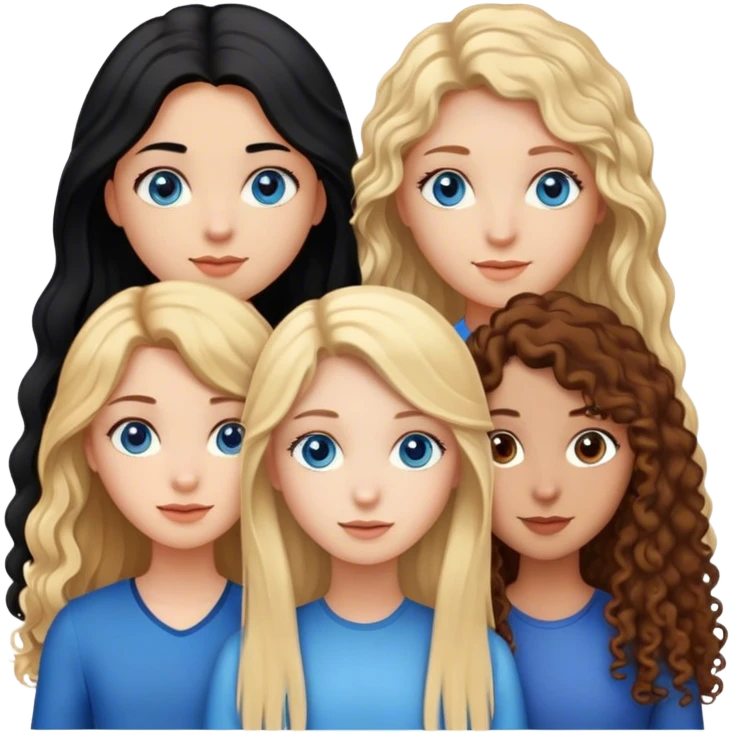 trio de amigas, una con pelo rubio largo liso y ojos azules, otra chica con pelo negro y largo con ojos marrones y otra chica más delgada con pelo castaño pelirrojo y rizado  emoji