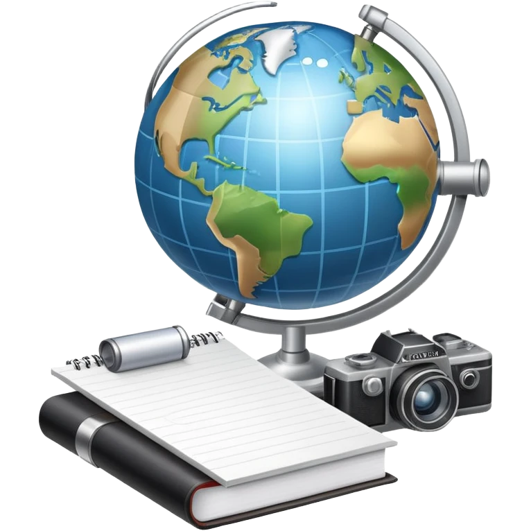 An icon showing a microphone, a notepad, and a camera, symbolizing journalism. The design includes a globe in the background, representing global news, and a breaking news banner for emphasis. Transparent background highlights the dynamic world of media and reporting. emoji