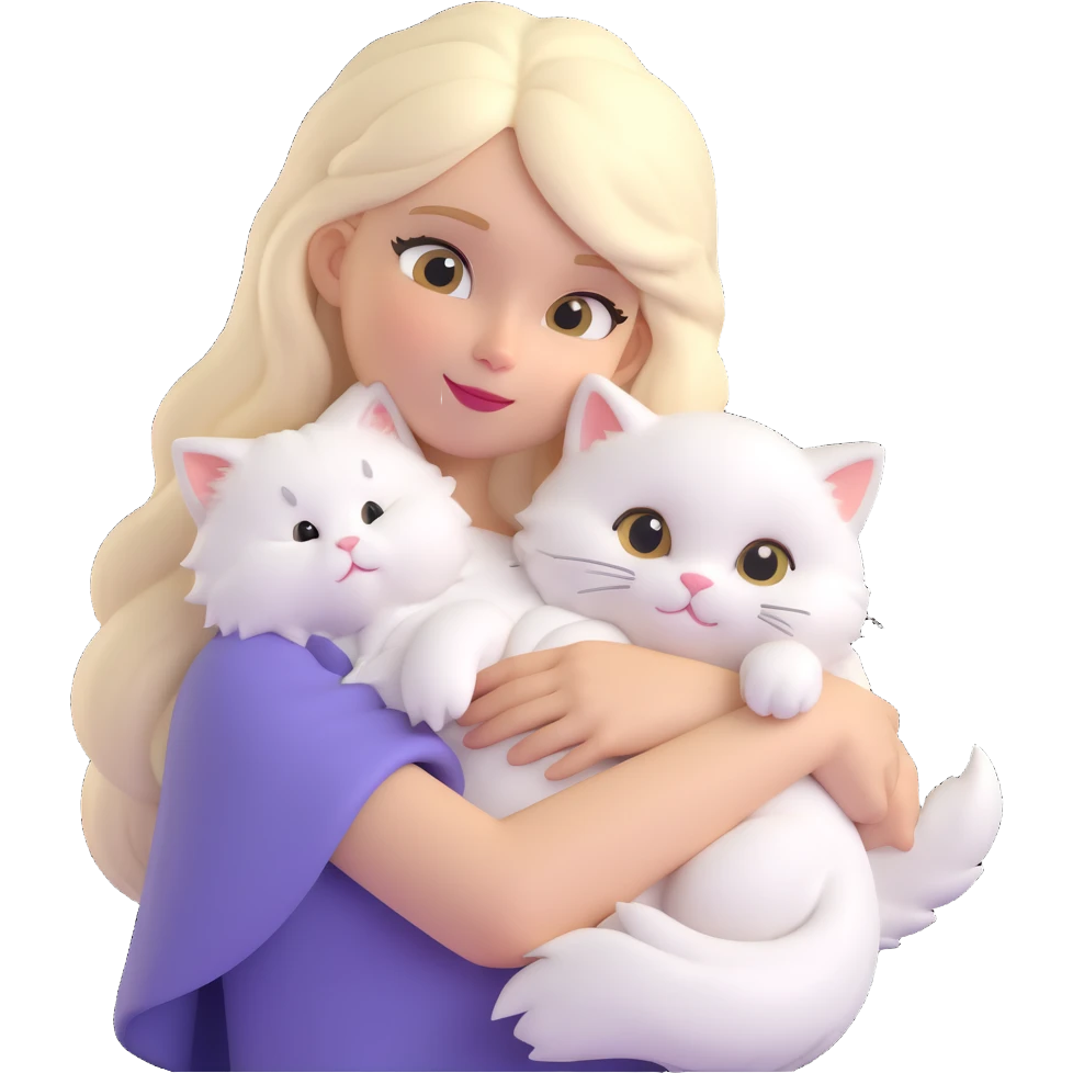 girl with long blonde hair, white fluffy cat draped over her left shoulder, emoji style for chat platforms emoji