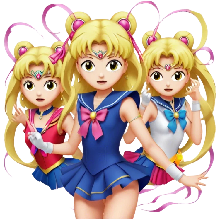 Icon for Anime: vibrant, dynamic scene with characters of Bishoujo Senshi Sailor Moon in action, featuring exaggerated expressions and colorful backgrounds. The design should reflect the distinct, energetic style of anime, with iconic eyes and unique visual elements. Transparent background. emoji