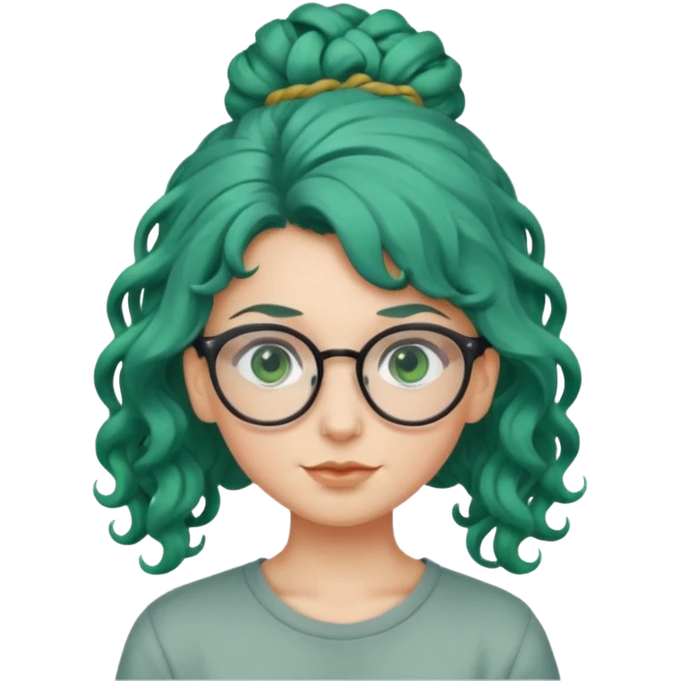 cabelo encaracolado longo, azul, óculos, olhos verdes, raça branca, penteado topo cabeça emoji