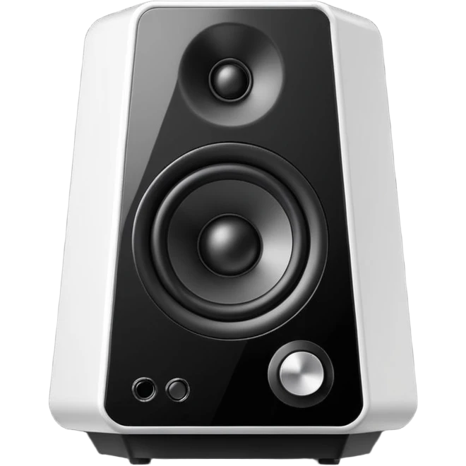 Single black desktop speaker with glossy front, one large white cone with black center, small volume knob, clean white background, studio product photo. emoji