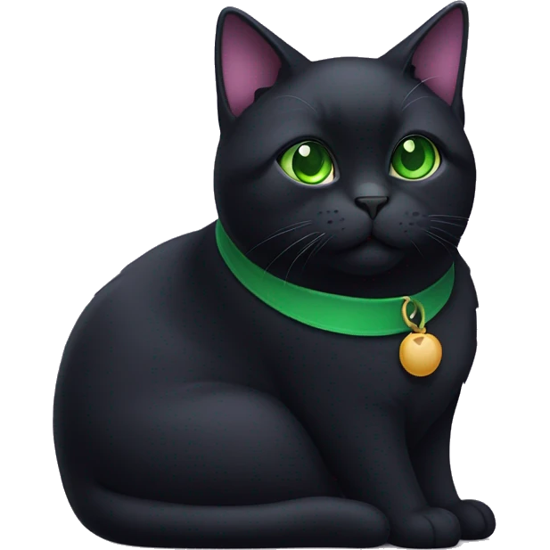 fat black cat with green eyes and purple collar emoji