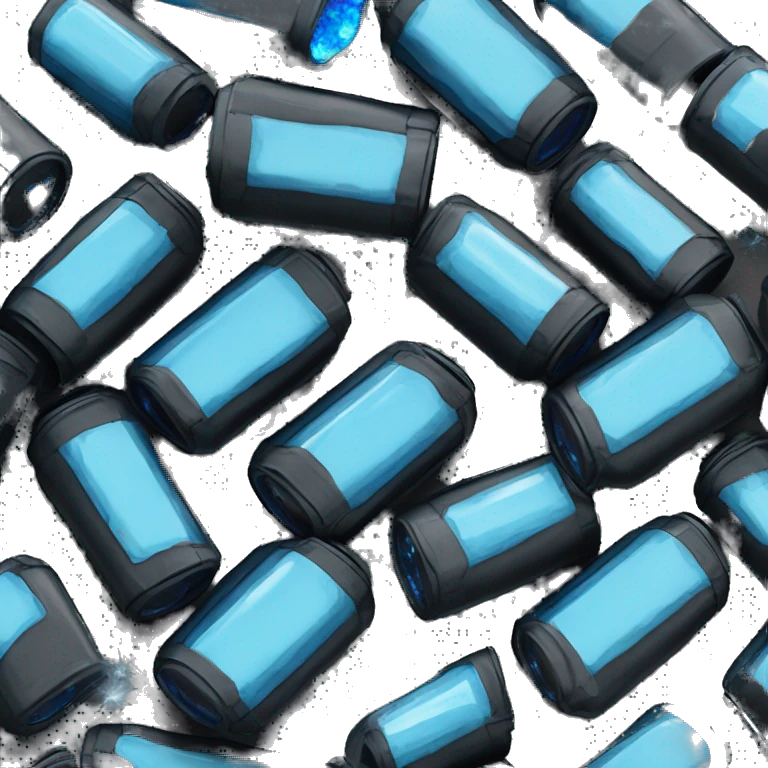 Futuristic tall thin narrow width rectangular military cannister colored matte black with blue rock crystals peeking out emoji