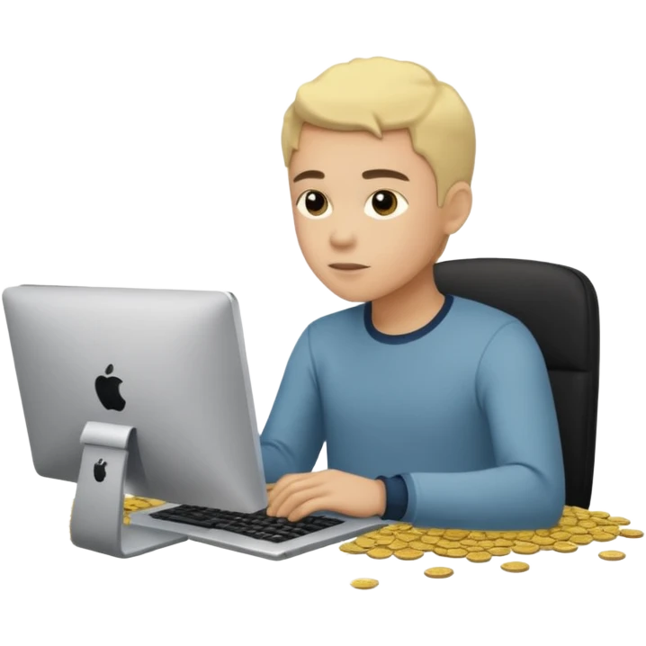 sujeto en su computadora con particulas de dinero alrededor emoji