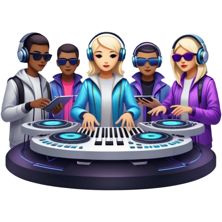 Icon for Electronic Music: Jean-Michel Jarre, Moby, DJ Tiesto, and Jorn van Deynhoven performing with synthesizers, turntables, and futuristic lighting effects. The design should evoke the vibrant and immersive atmosphere of electronic music festivals. Transparent background. emoji