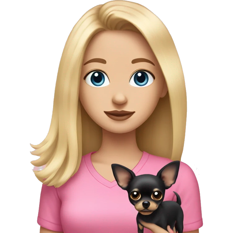 Blonde girl with blue eyes wearing a pink shirt holding a black long hair chihuahua emoji