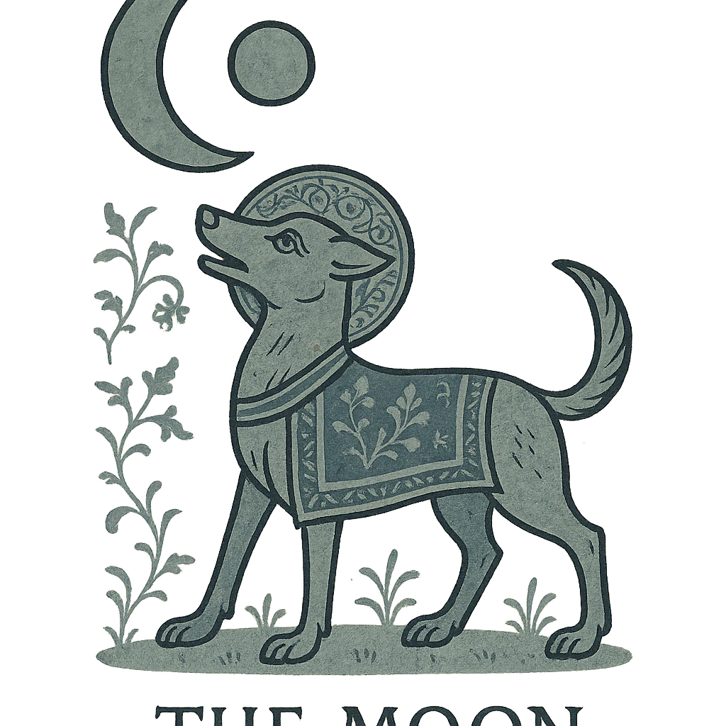 a vintage tarot card style dog, referencing The Moon card, mystical, detailed, no background emoji