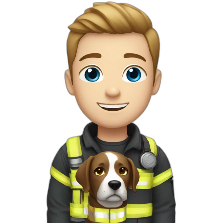 White firefighter with blue eyes and brown hair holding one black Labrador emoji