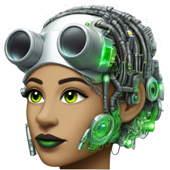 Neon green bobbed hair Latina female cyborg head with silver steampunk goggles and circuits emoji