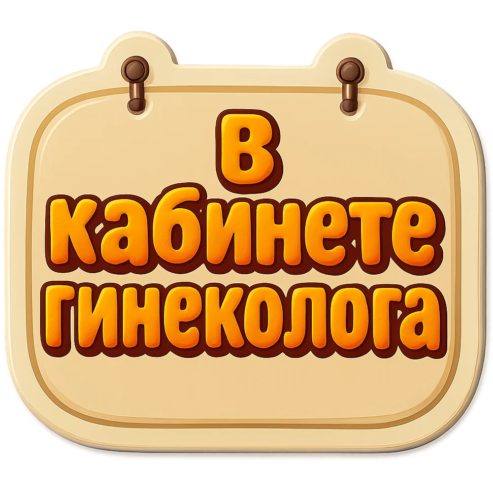 flat shaped beige sign, light shadow, two nails on top, retro sticker style, text 'В кабинете гинеколога' emoji