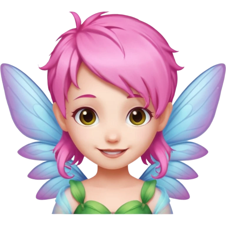 A tiny pastel fairy with pink hair with glowing wings and a sweet smile  emoji