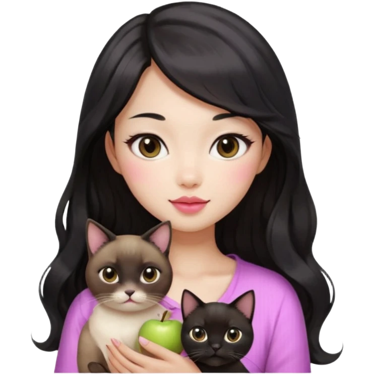 Asian woman with fair skin holding a Siamese cat, black see-through bang front hair, long wavy hair, round brown eyes, light pink blush, pink lips, warm expression, Apple emoji style emoji