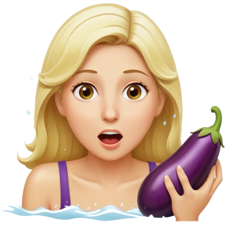 blond woman eating an eggplant, water stream squirting out of the aubergine, surprised expression, clear water splash emoji