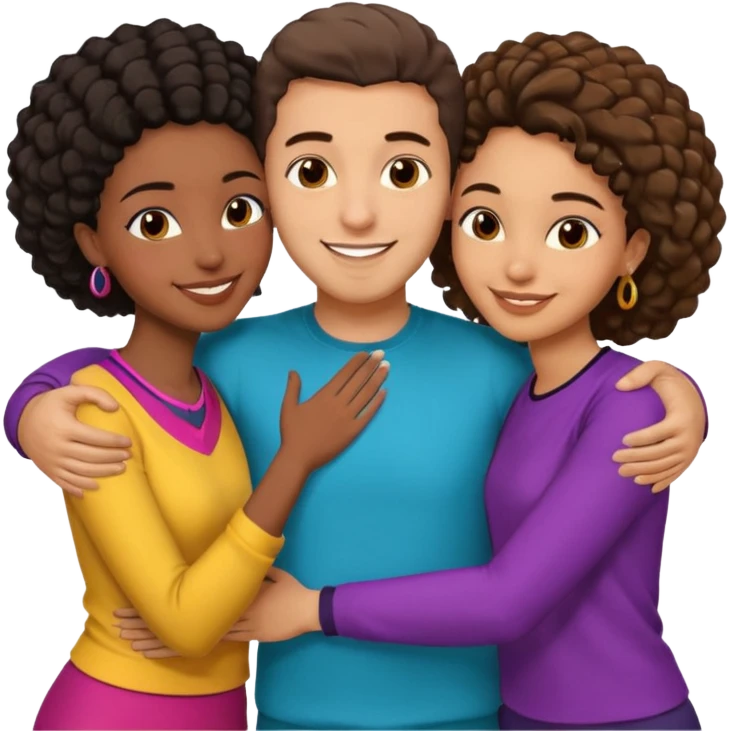  middle Eastern man with short brown hairwith two black african women both are African one is medium tone light tone skin black and one is medium tone black with african hair styles. and they are all smiling and putting their arms around each other and kiss, kissing and hugging. emoji