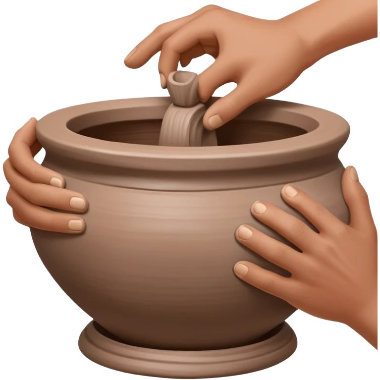 Close-up of two hands working from outside a clay vessel on a silver pottery wheel, both pinching and lifting the clay upward at the same spot to form the vessel wall emoji